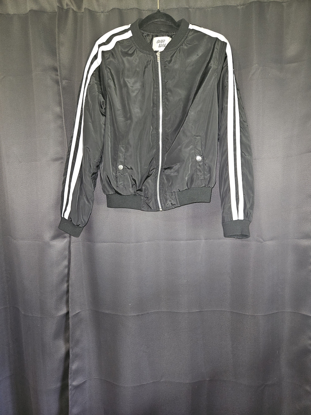 Outer Edge Black Bomber Jacket White Sleeve Stripes Zip Up Size L